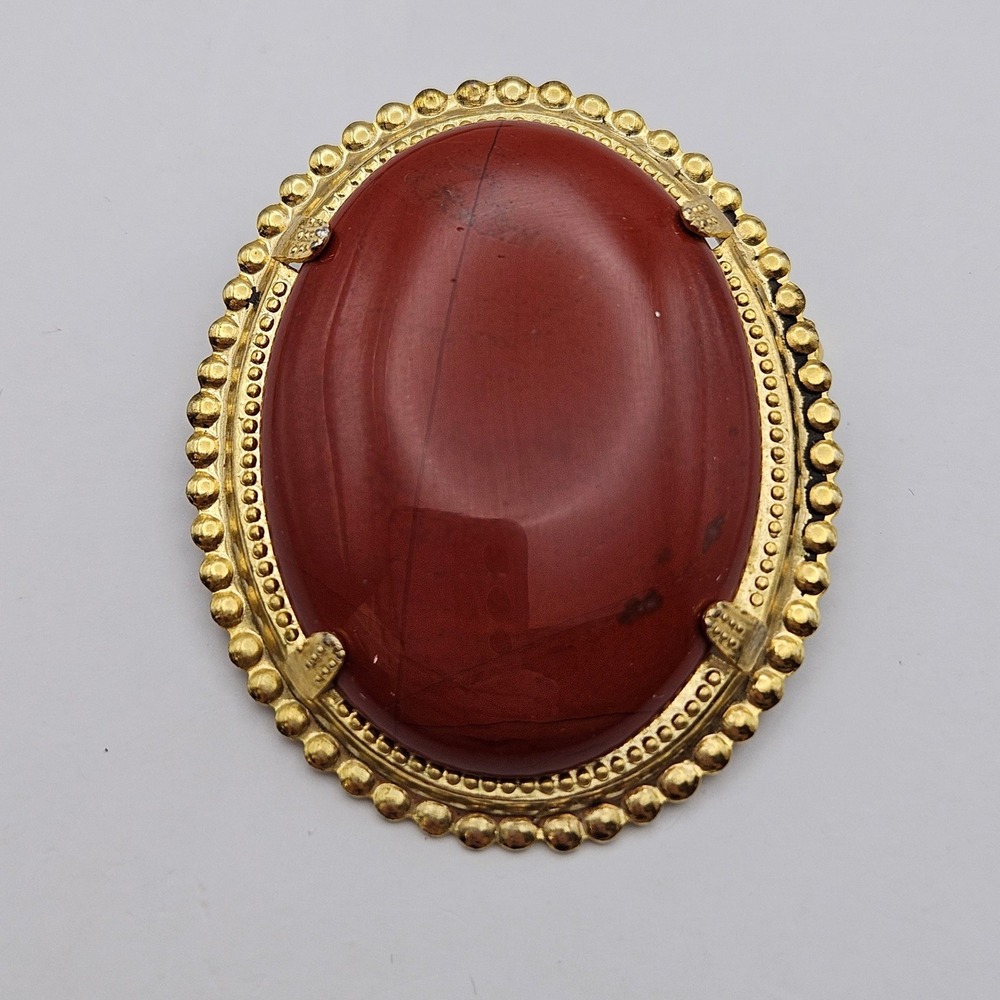 Vintage Orange Stone Oval Brooch Pendant Gold Tone Beaded Frame Victorian Style